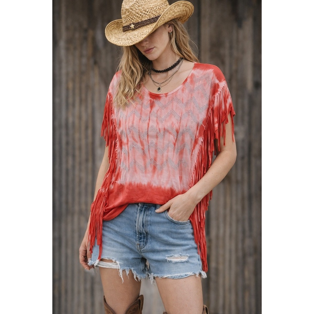 Vocal Fringe Top Y2K Festival Western Rhinestone Tie Dye Red Boho USA Made